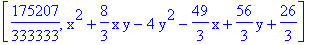 [175207/333333, x^2+8/3*x*y-4*y^2-49/3*x+56/3*y+26/3]